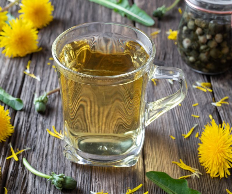A cup of dandelion tea with fresh flowers