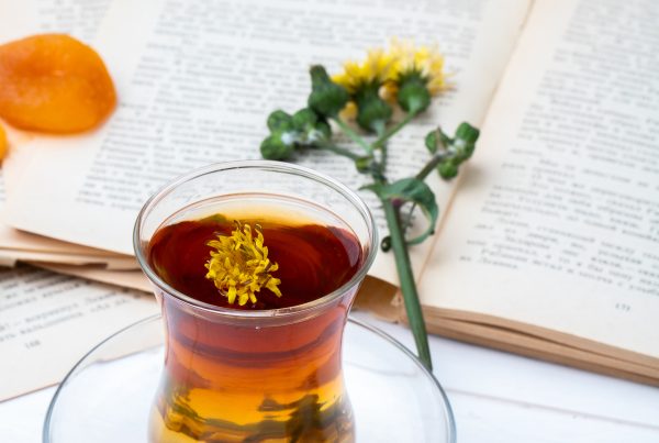 Clear glass of dandelion tea