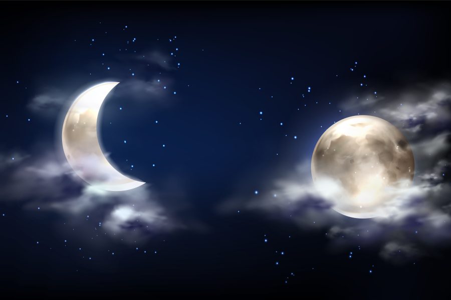 Moon in night sky with clouds and stars.