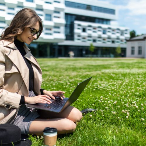 Young woman using laptop in grass