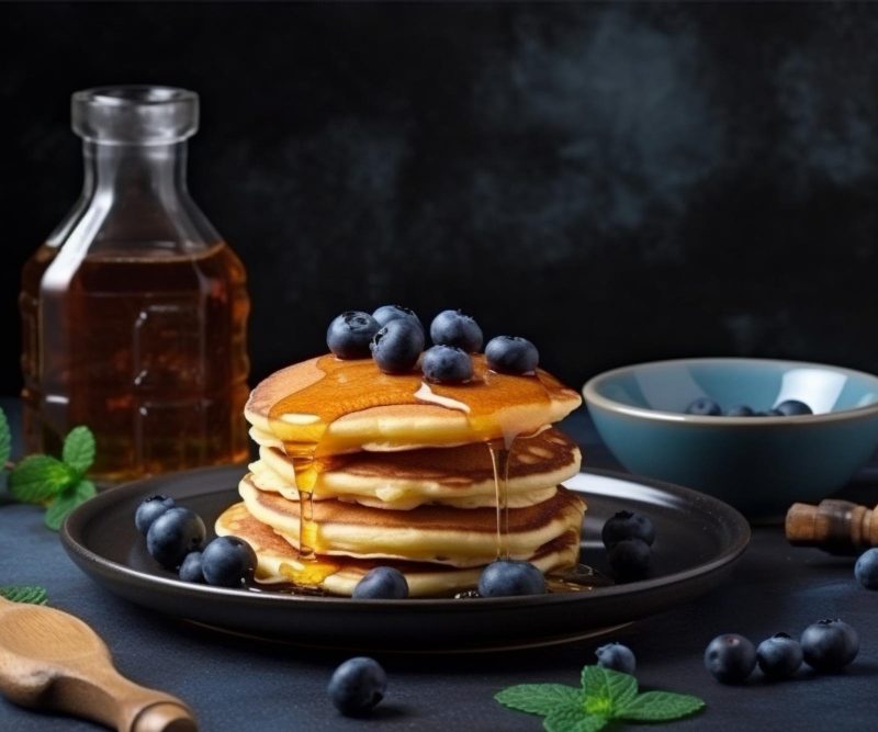 Pancakes on a plate with blueberries on top and a bottle of honey behind them