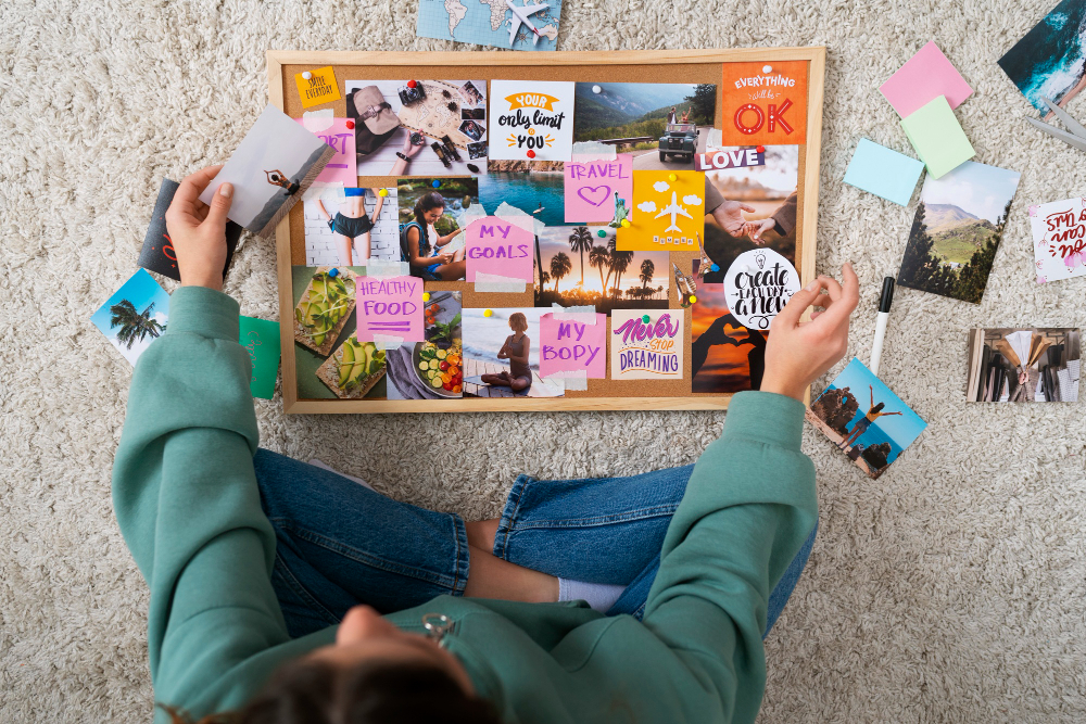 Women sitting on the floor creating a vision board with images and notes