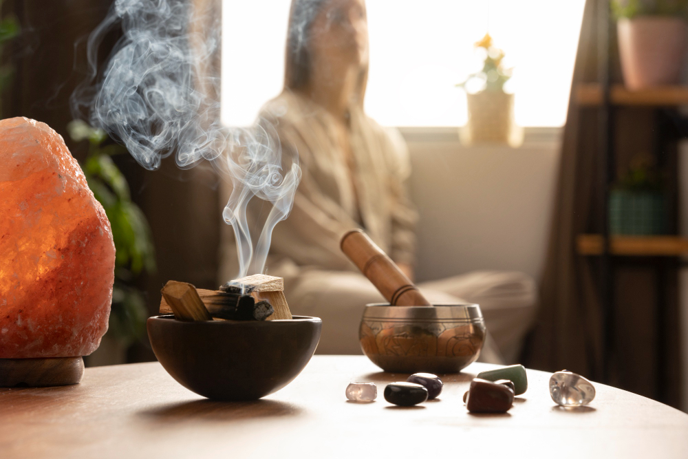 Incense on a table and a women in the background