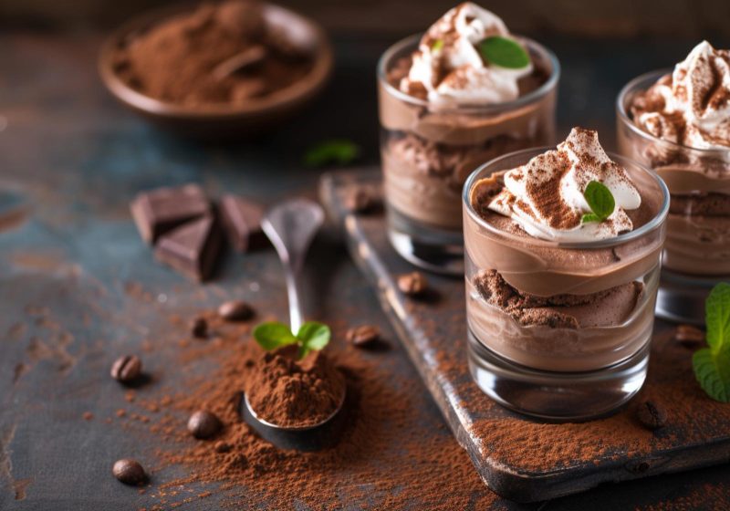Chocolate mousse in shot glasses on a wood table