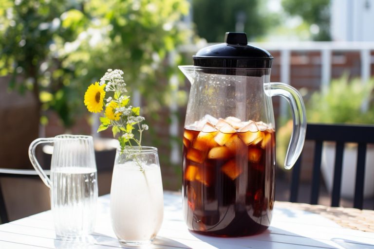 Iced coffee in a clear pitcher outside in the sun