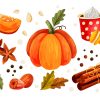 Illustrations of a pumpkin, spices and a pumpkin spice latte