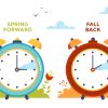 Illustration of 2 clocks showing Spring forward and fall back