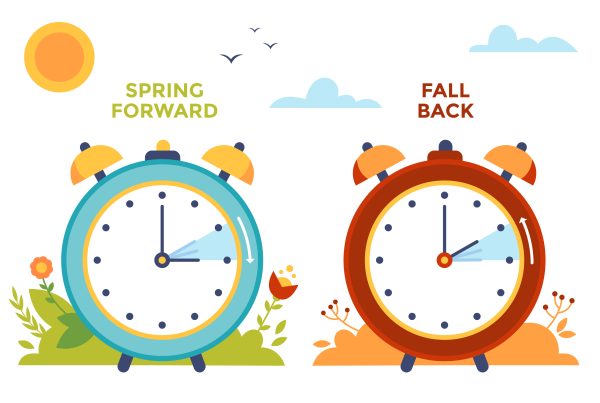 Illustration of 2 clocks showing Spring forward and fall back