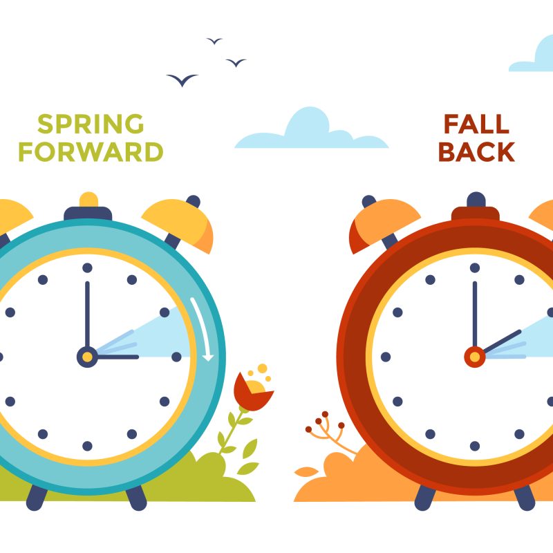 Illustration of 2 clocks showing Spring forward and fall back