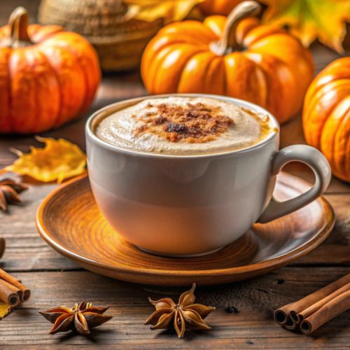 Cup of pumpkin spice latte on a wood table with smalll pumpkins behind it