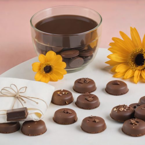 Chocolate candies on a table with a sunflower