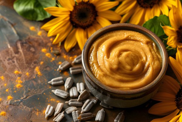 A bowl of sunflower butter and sunflowers