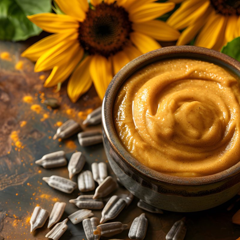 A bowl of sunflower butter and sunflowers