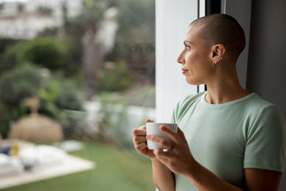 Women holding a coffee cup looking out a window