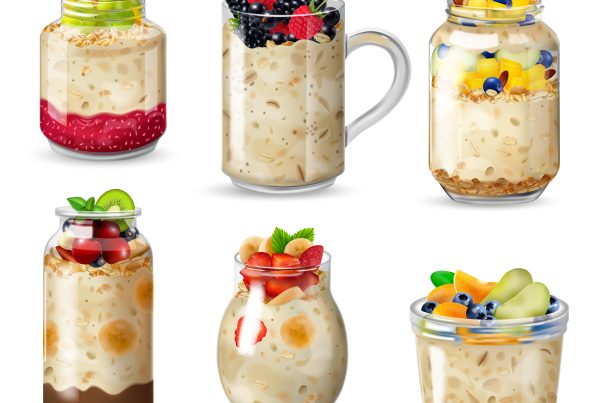 6 glass containers with oats with different toppings