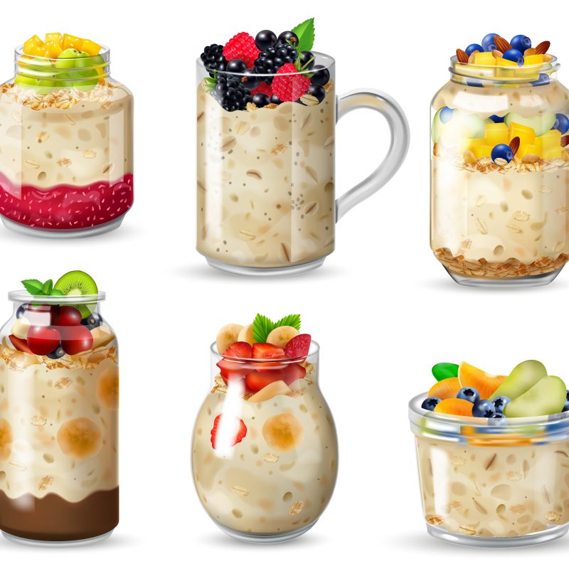 6 glass containers with oats with different toppings