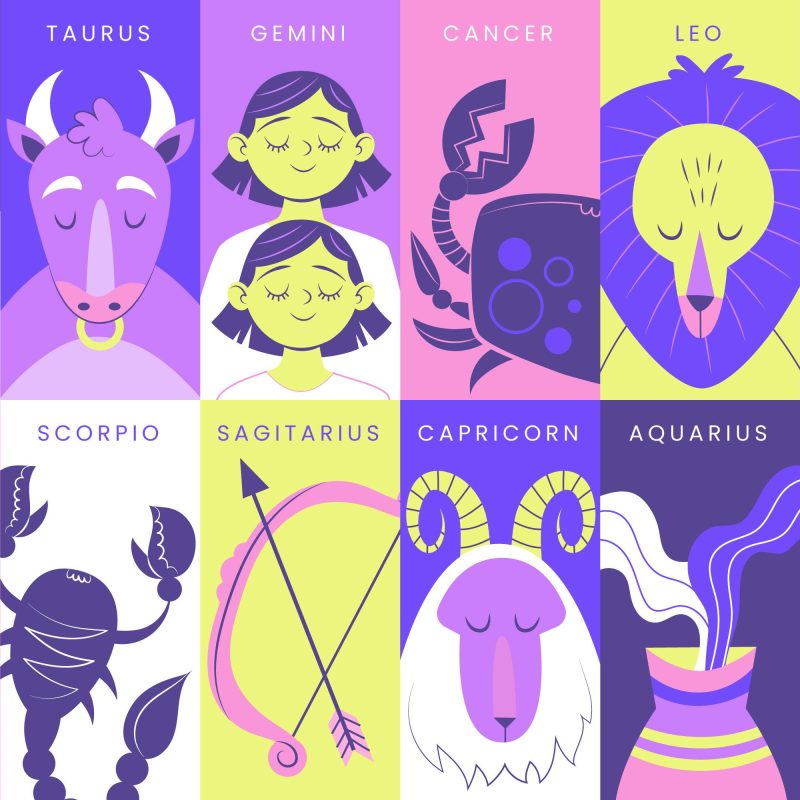 Zodiac signs in an illustration with bright colors