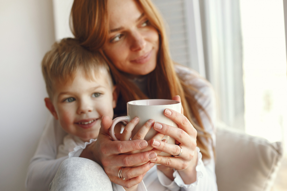 Mother and toddler on couch