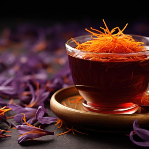 clear glass of tea with saffron in it and saffron flowers scattered on the table