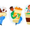 cartoon illustrations of people with coffee cups