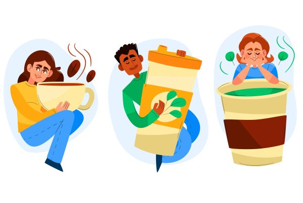 cartoon illustrations of people with coffee cups