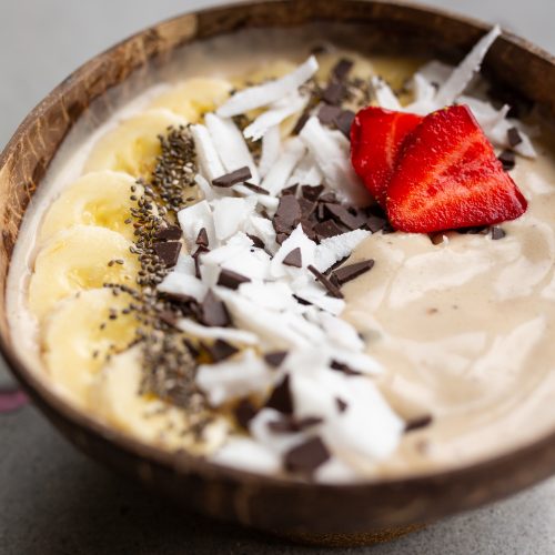 Close up of a smoothie bowl with fruit