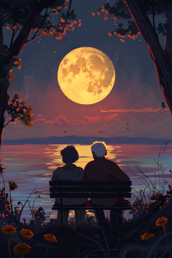Illustration of a couple sitting outside looking at the moon