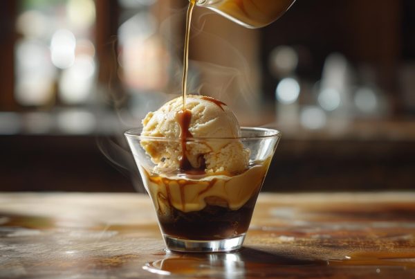 Affogato in a clear glass on a wood counter