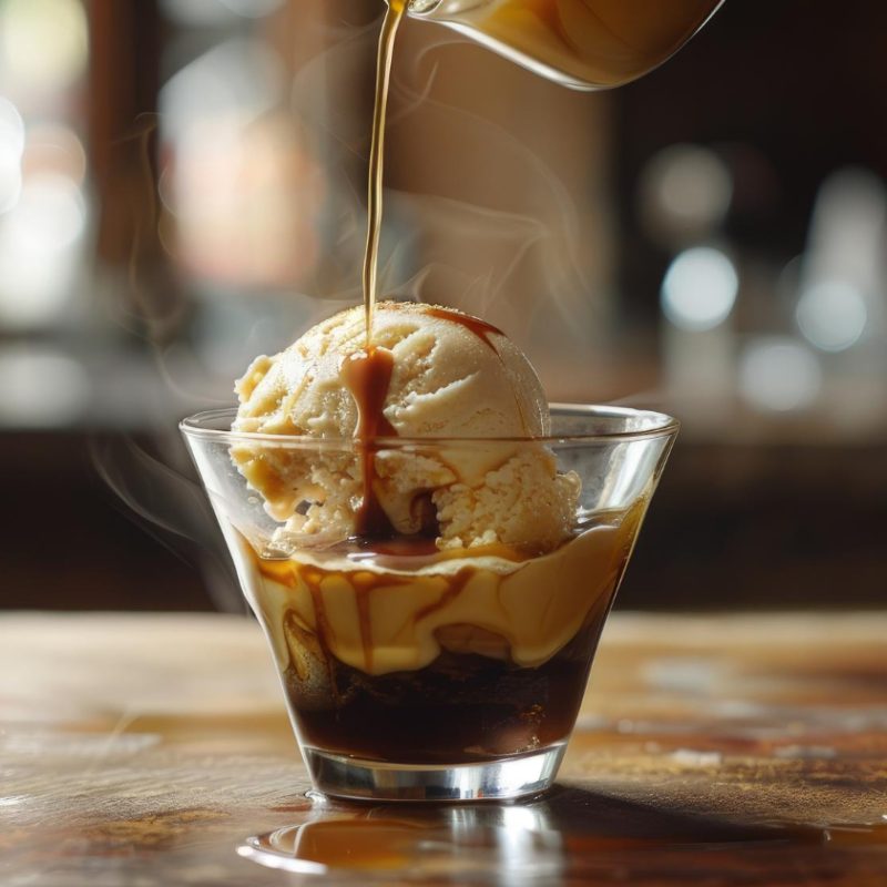 Affogato in a clear glass on a wood counter