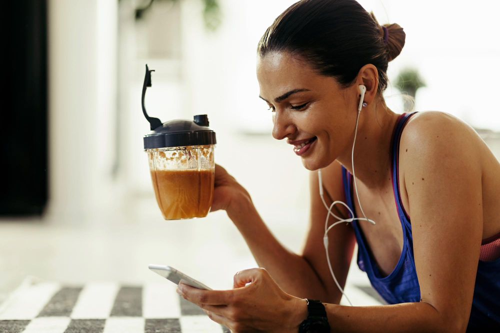 Woman in workout clothes enjoying a smoothie