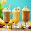 # smoothies on a picnic table with fruit and dandelions scattered around