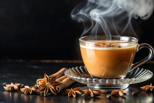 Steaming cup of caffeine free chai on black counter with anise and cinnamon sticks