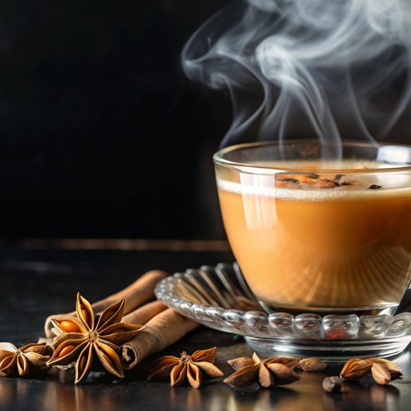 Steaming cup of caffeine free chai on black counter with anise and cinnamon sticks
