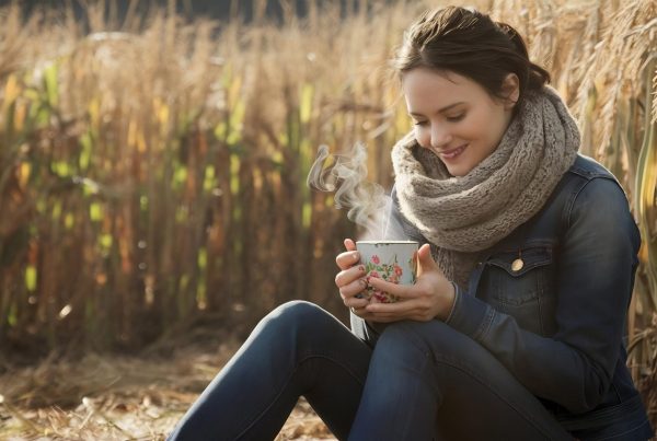 A woman sitting outside in a field in fall drinking a hot cup of coffee