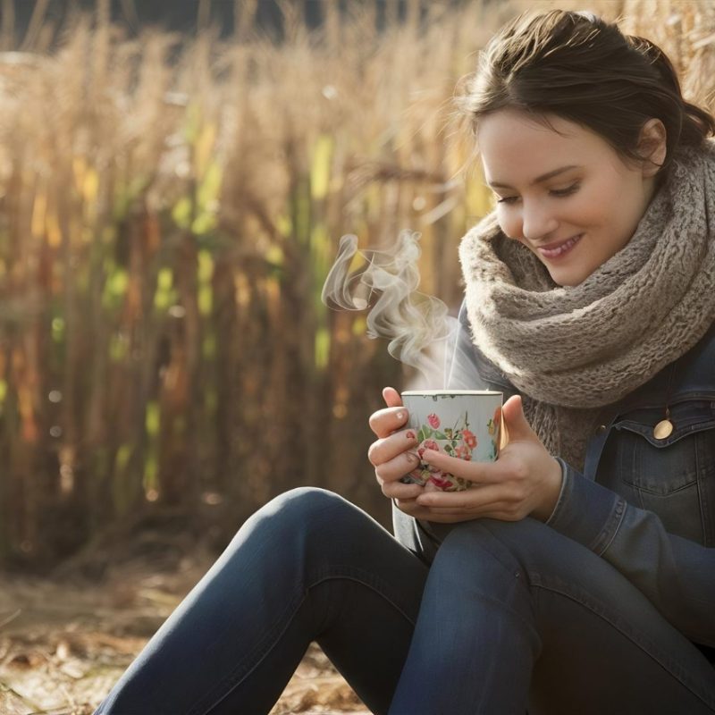 A woman sitting outside in a field in fall drinking a hot cup of coffee