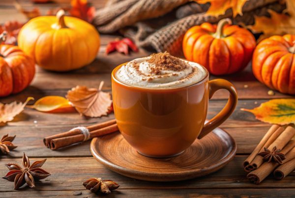 Latte in a mug with pumpkins and cinnamon sticks behind it