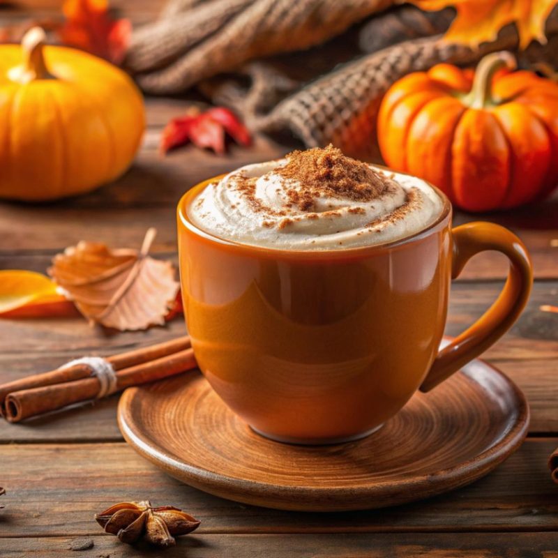 Latte in a mug with pumpkins and cinnamon sticks behind it