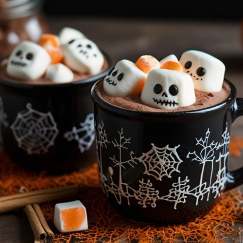 @ cups of hot cocoa with skeleton head marshmallows