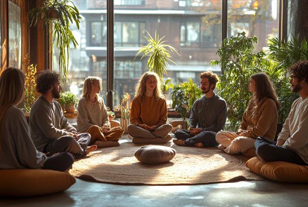 A group sitting on pillows on the floor meditating