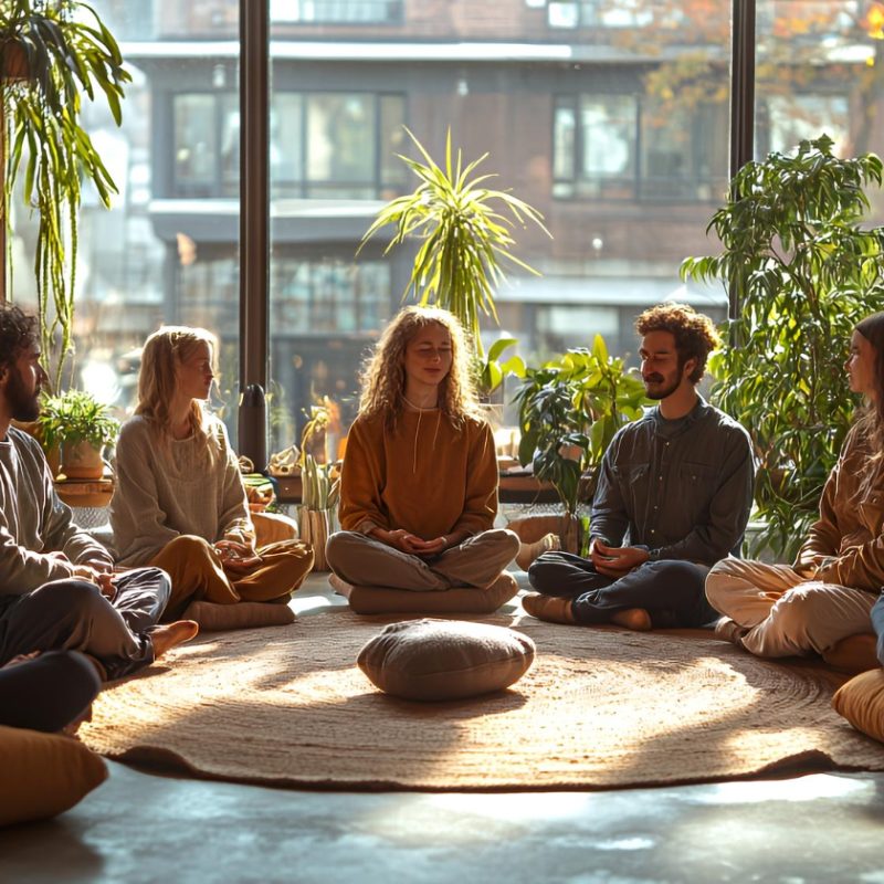 A group sitting on pillows on the floor meditating