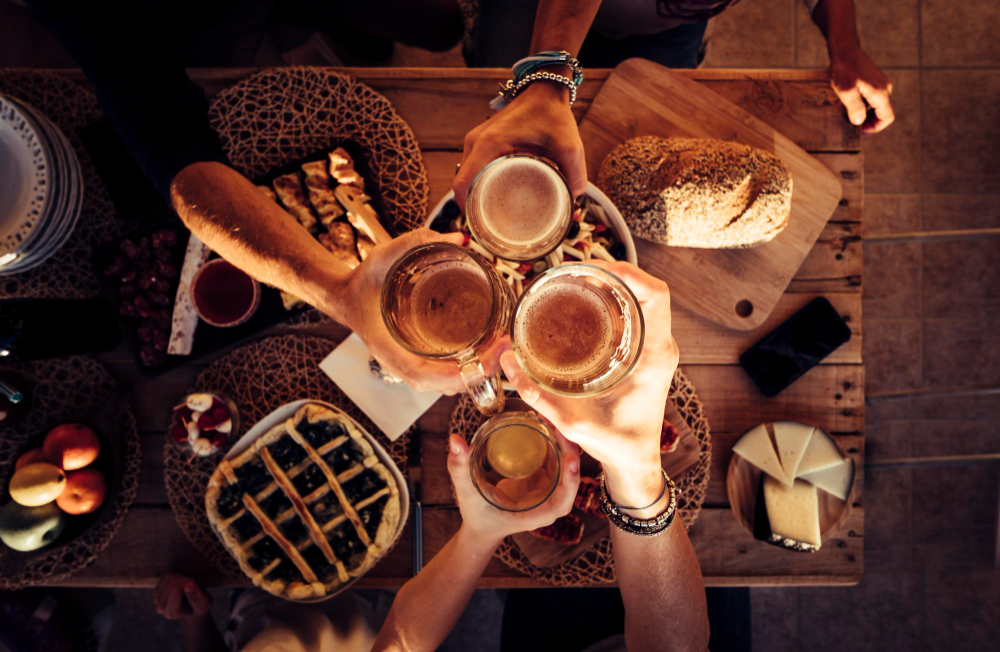 A group of people toasting