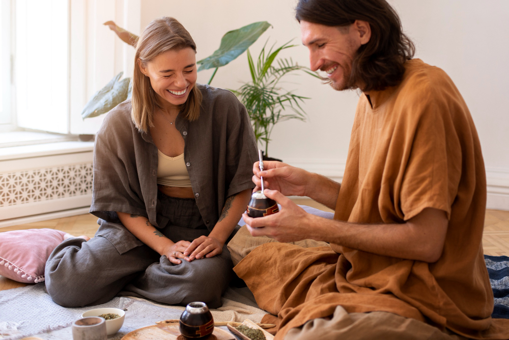 friends sitting on the floor making matcha