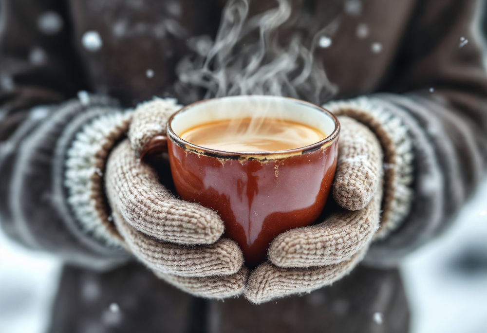 Person wearing gloves holding a steaming cup of tea outside