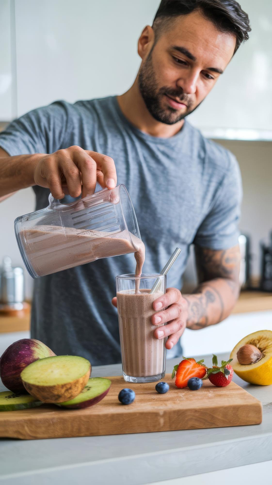 Man pouring smoothie