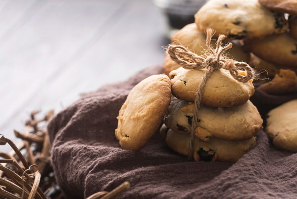 chocolate cookies in a stack with gift string