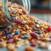 Granola spilled on a counter from a glass container