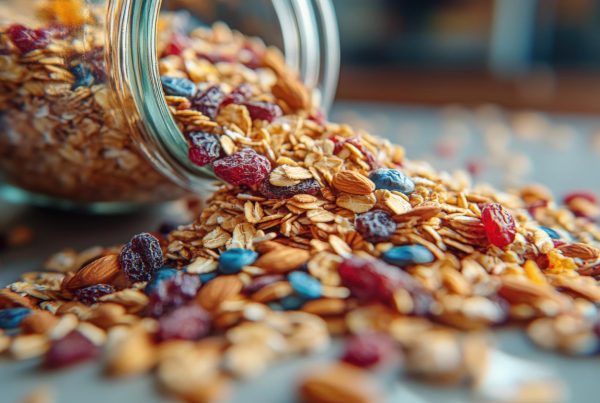 Granola spilled on a counter from a glass container