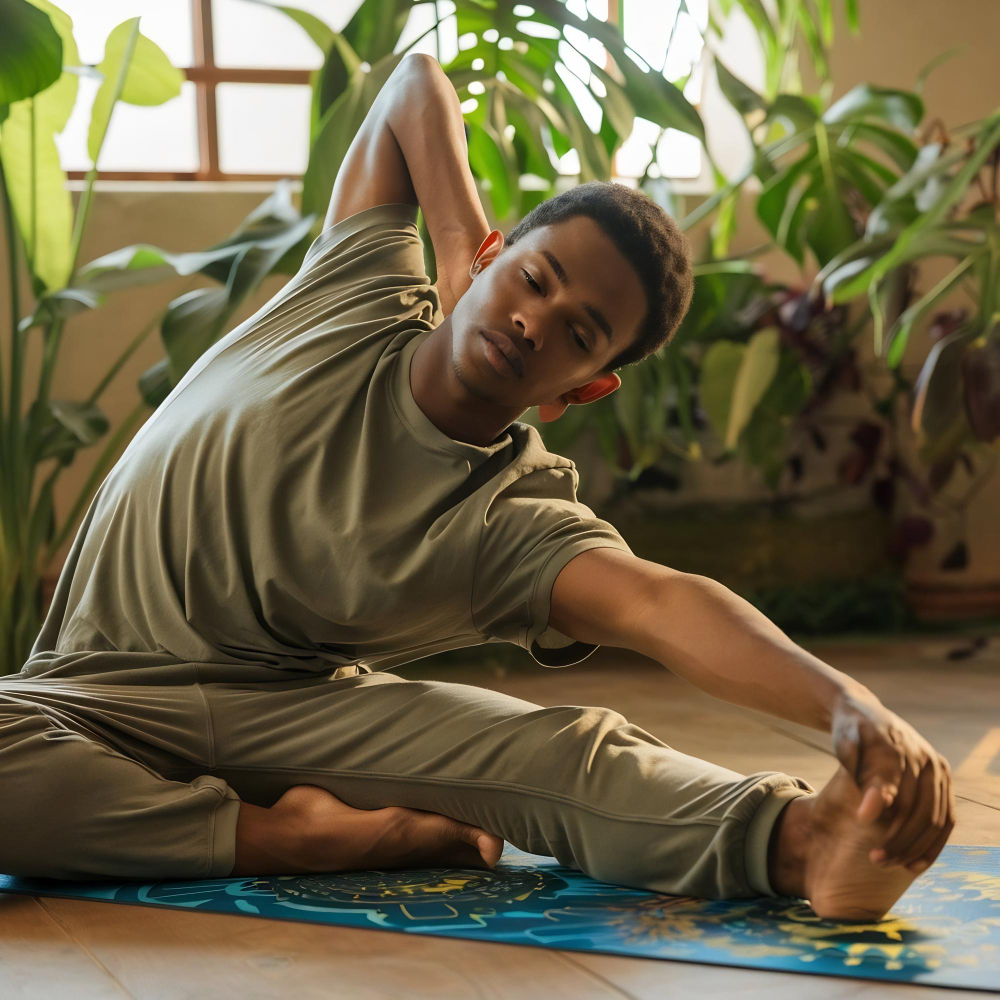 Man stretching on the floor on a yoga mat