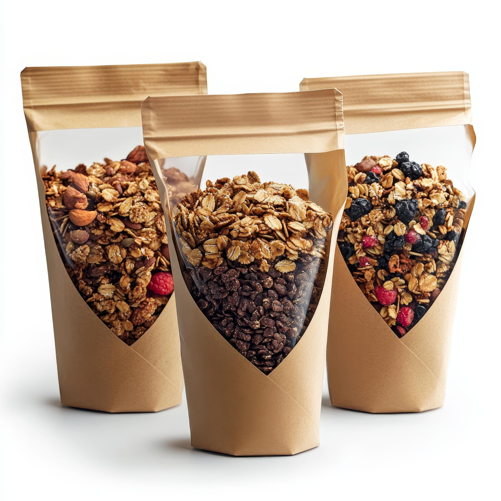 3 bags of granola in a clear bag