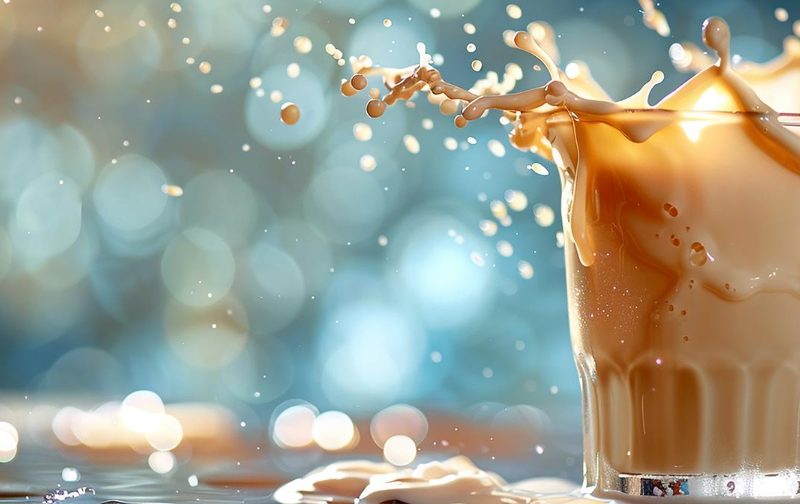closeup of iced latte splashing when ice is added